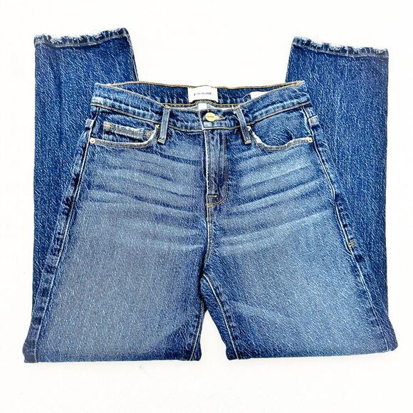 Frame Le Nouveau Straight Dark Wash Denim Jeans Raw Hem LNSL14 Size 26 - Picture 4 of 8